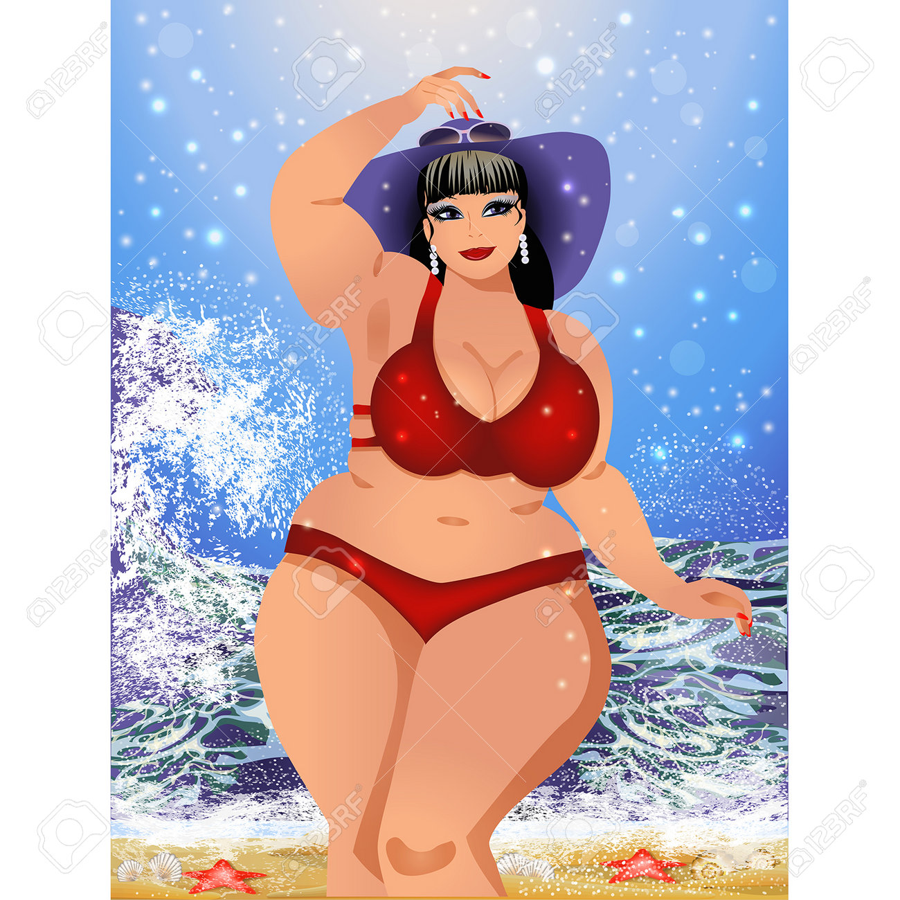 夏のビーチでビキニを着たプラスサイズの女性、ベクターイラストのイラスト素材・ベクター Image 203137648