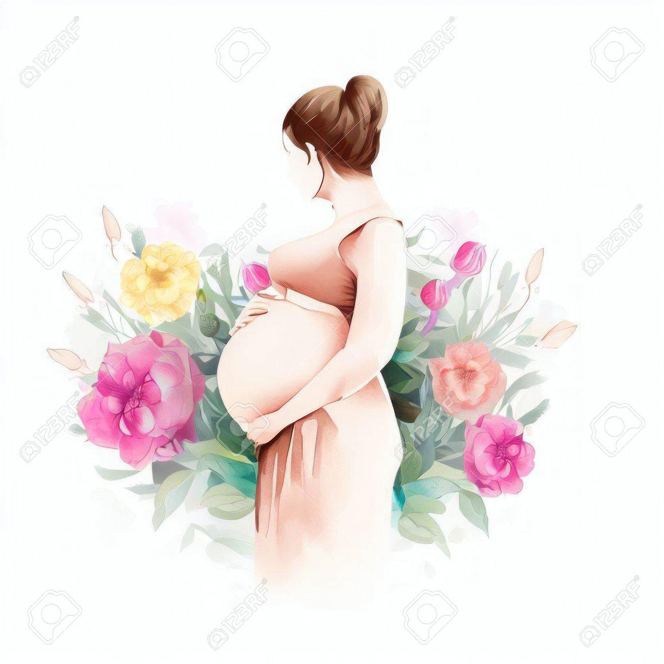 花持ち 娘」水彩画