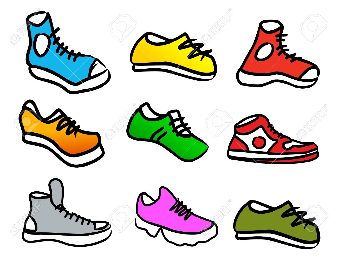 set of 9 colorful cartoon style shoes royalty free cliparts vectors