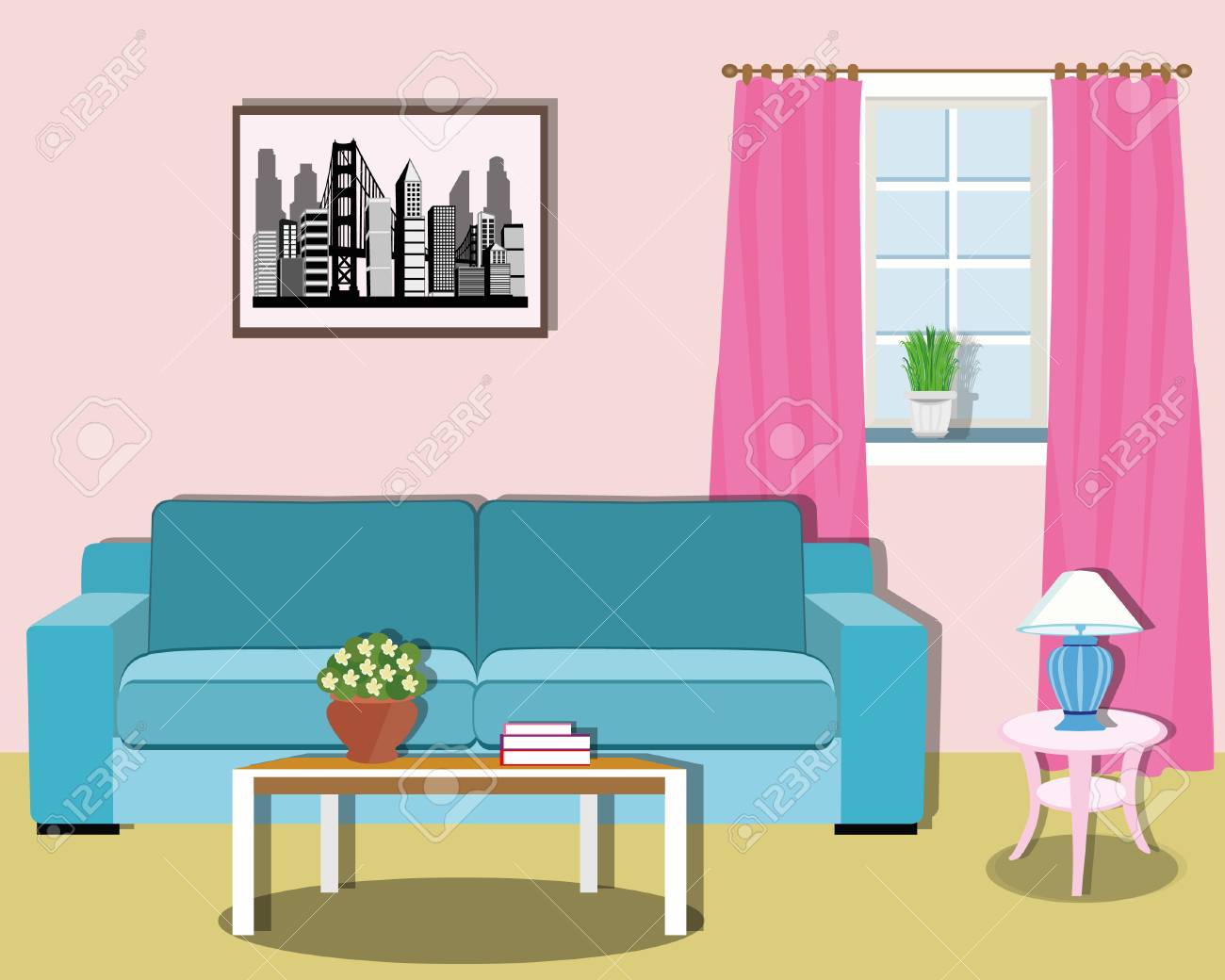 カラフルなモダンなリビング ルーム家具とインテリア デザイン フラット スタイルのベクトル図です のイラスト素材 ベクタ Image