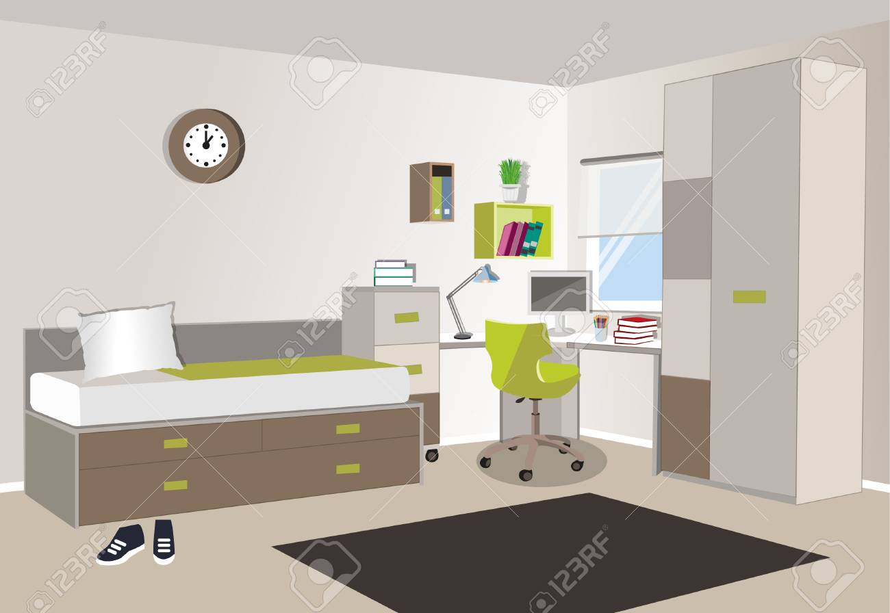 Teenager Room Interior With Colored Furniture Bed Computer Royalty Free Cliparts Vectors And Stock Illustration Image 75144018