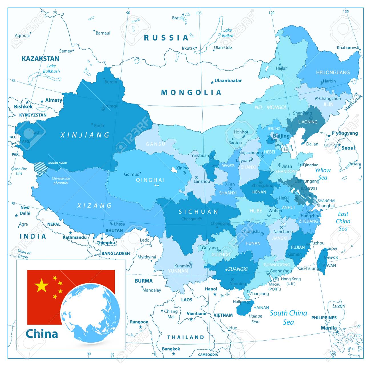 China Map In Colors Of Blue. Detailed Vector Map Of China. Royalty Free  SVG, Cliparts, Vectors, and Stock Illustration. Image 126811052., image size:1300x1283
