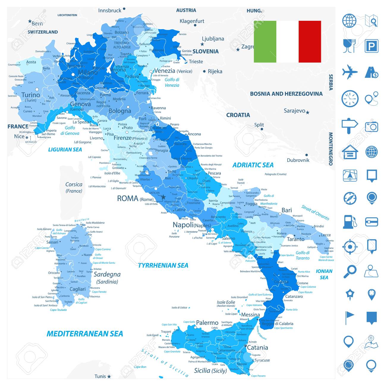 Italy Administrative Divisions Map Blue Colors And Navigation Map Icons -  Highly Detailed Vector Illustration Of Italy Map - Image Contains Layers  With Administrative Divisions Map, Land Names, City Names And Navigation, image size:1289x1300