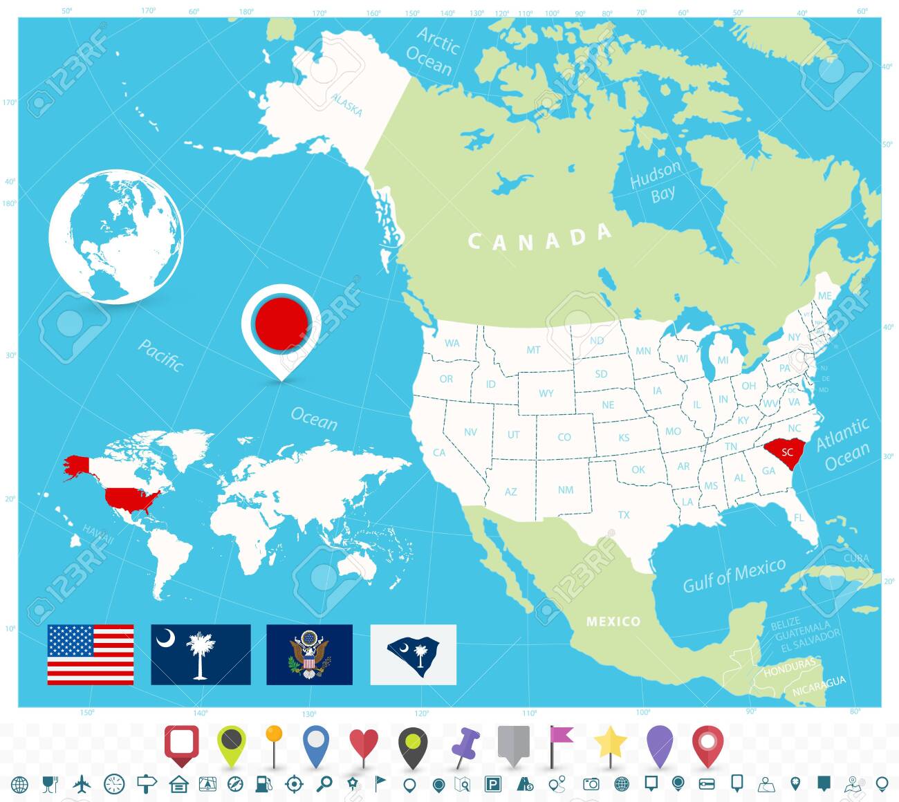 South Carolina On World Map Location Of South Carolina On Usa Map With Flags And Map Icons. Detailed  Vector Illustration. Royalty Free Svg, Cliparts, Vectors, And Stock  Illustration. Image 145696740.