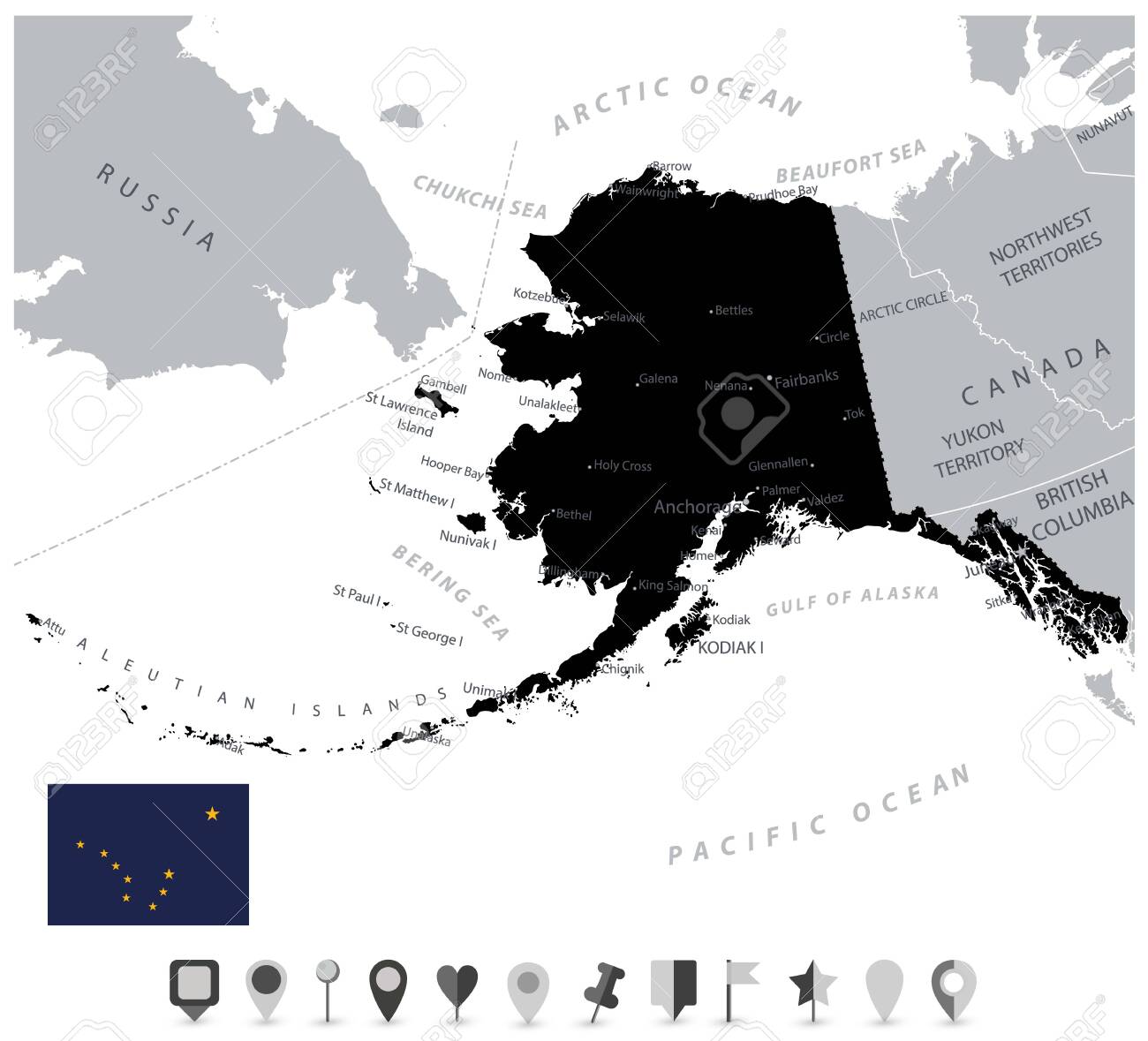 Black Color Alaska Map And Flat Map Icons Us State Alaska Map Royalty Free Cliparts Vectors And Stock Illustration Image 145745117