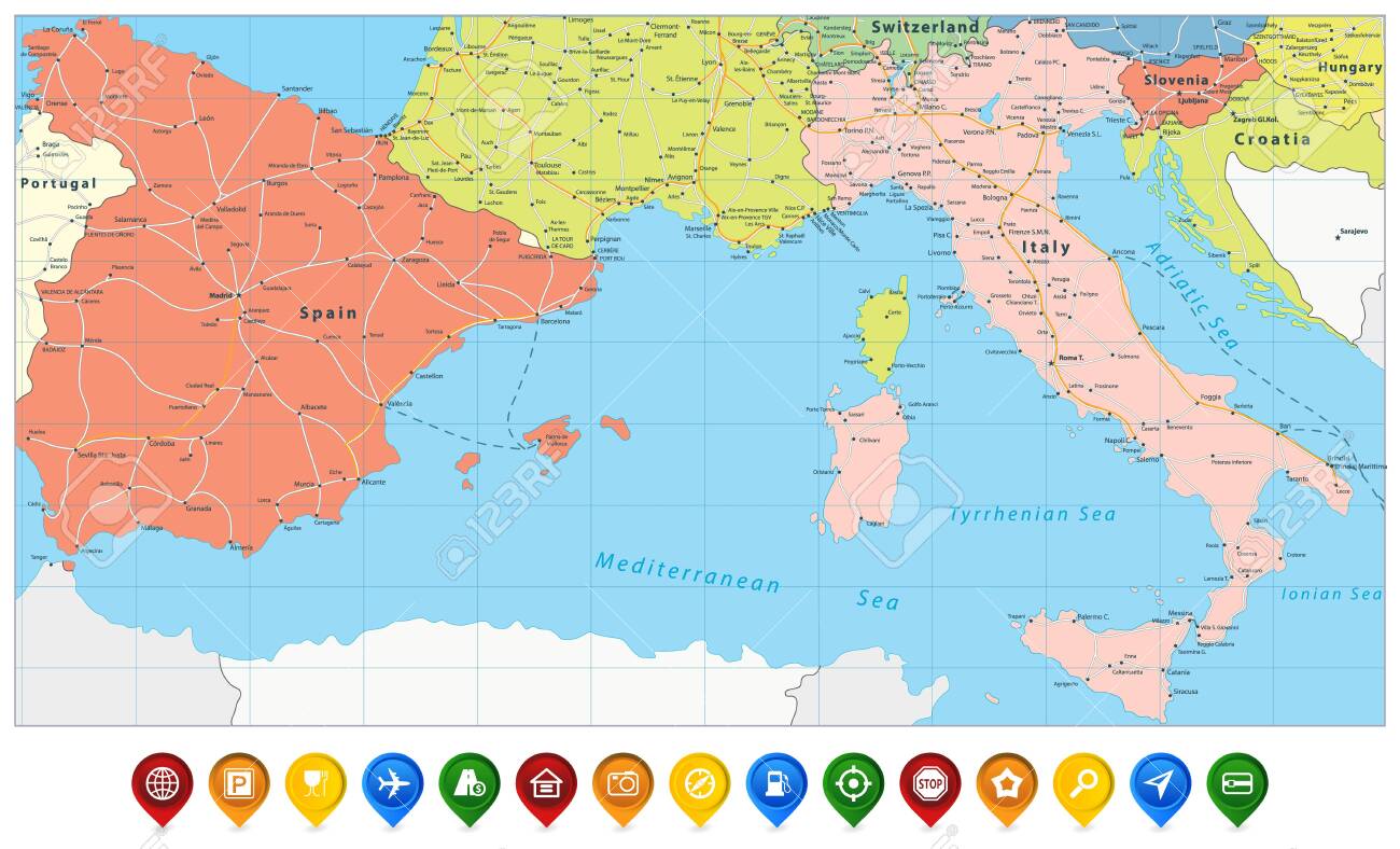 Map Of Spain And Italy Spain And Italy Map And Colored Map Icons. All Elements Are Separated In  Editable Layers Clearly Labeled. Vector Illustration. Royalty Free Svg,  Cliparts, Vectors, And Stock Illustration. Image 145746150.