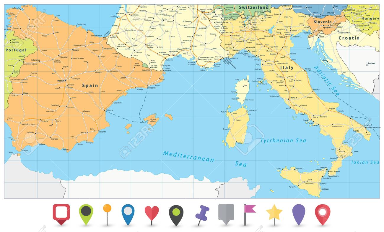 Map Of Spain And Italy Spain And Italy Map And Flat Map Icons. Vector Illustration. Royalty Free  Svg, Cliparts, Vectors, And Stock Illustration. Image 145746128.