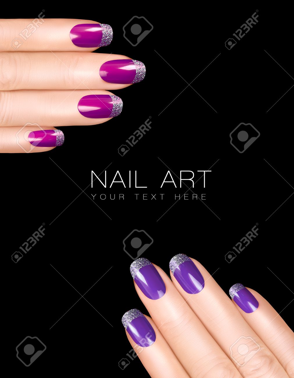 Vacances Nail Art. Luxe violet vernis à ongles avec des paillettes manucure française en argent. Manicure concept et le maquillage. Gros plan sur les