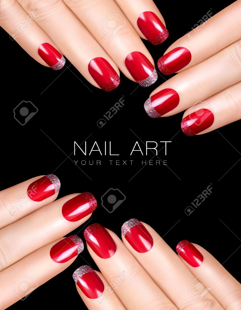 Holiday Nail Art. Vernis à ongles de luxe avec des paillettes manucure française en argent et rouge. Manicure concept et le maquillage. Gros plan sur
