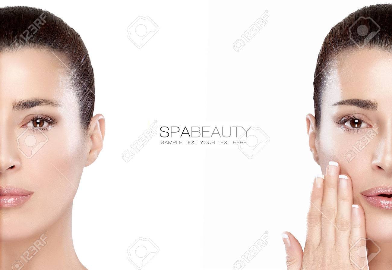 Beauty and skincare concept with two half face portraits of a serene young woman with a flawless smooth complexion, isolated on white with copy space in the middle and sample text. Template design - 43375450 Beauty and skincare concept with two half face portraits of a serene young woman with a flawless smooth complexion, isolated on white with copy space in the middle and sample text. Template design - 43375450