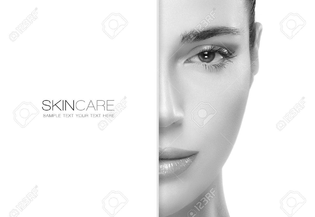 Beauty and skincare concept with a half face portrait of a gorgeous woman with healthy clean skin and blank copyspace alongside with sample text. Template design - 43375468 Beauty and skincare concept with a half face portrait of a gorgeous woman with healthy clean skin and blank copyspace alongside with sample text. Template design - 43375468