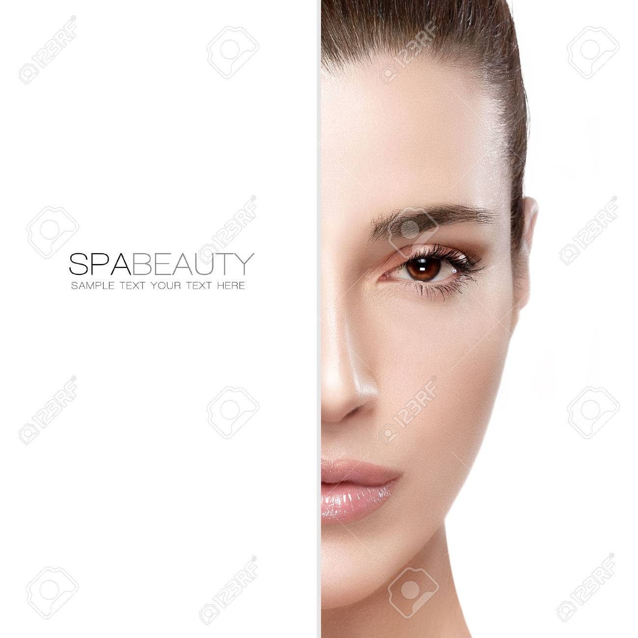 Beauty and skincare concept with a half face portrait of a serene young woman with a flawless smooth complexion, isolated on white with copy space at the left. Template design with sample text - 45172383 Beauty and skincare concept with a half face portrait of a serene young woman with a flawless smooth complexion, isolated on white with copy space at the left. Template design with sample text - 45172383