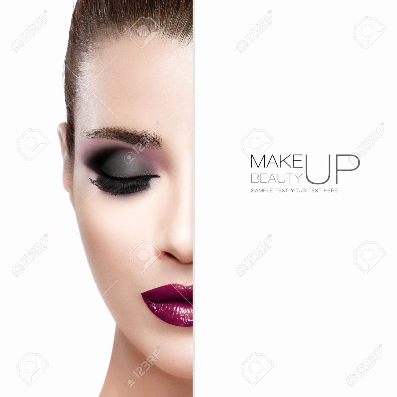 Beauty and Makeup concept with half face of a beautiful young woman with eyes closed. Perfect skin. Trendy burgundy lips and smoky eyes. Fashionable eyelashes. High fashion portrait isolated on white with sample text - 45414632 Beauty and Makeup concept with half face of a beautiful young woman with eyes closed. Perfect skin. Trendy burgundy lips and smoky eyes. Fashionable eyelashes. High fashion portrait isolated on white with sample text - 45414632