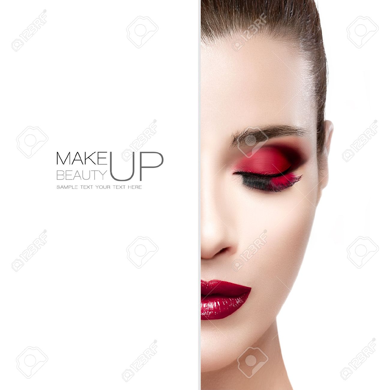 Beauty and Makeup concept with half face of a beautiful young woman with eyes closed. Perfect skin. Trendy burgundy lips and smoky eyes. Fashionable eyelashes. High fashion portrait isolated on white with sample text - 45414634 Beauty and Makeup concept with half face of a beautiful young woman with eyes closed. Perfect skin. Trendy burgundy lips and smoky eyes. Fashionable eyelashes. High fashion portrait isolated on white with sample text - 45414634