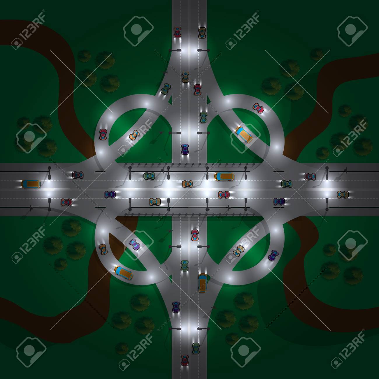道路のジャンクション 夜 上からの眺め ベクトルの図 のイラスト素材 ベクタ Image