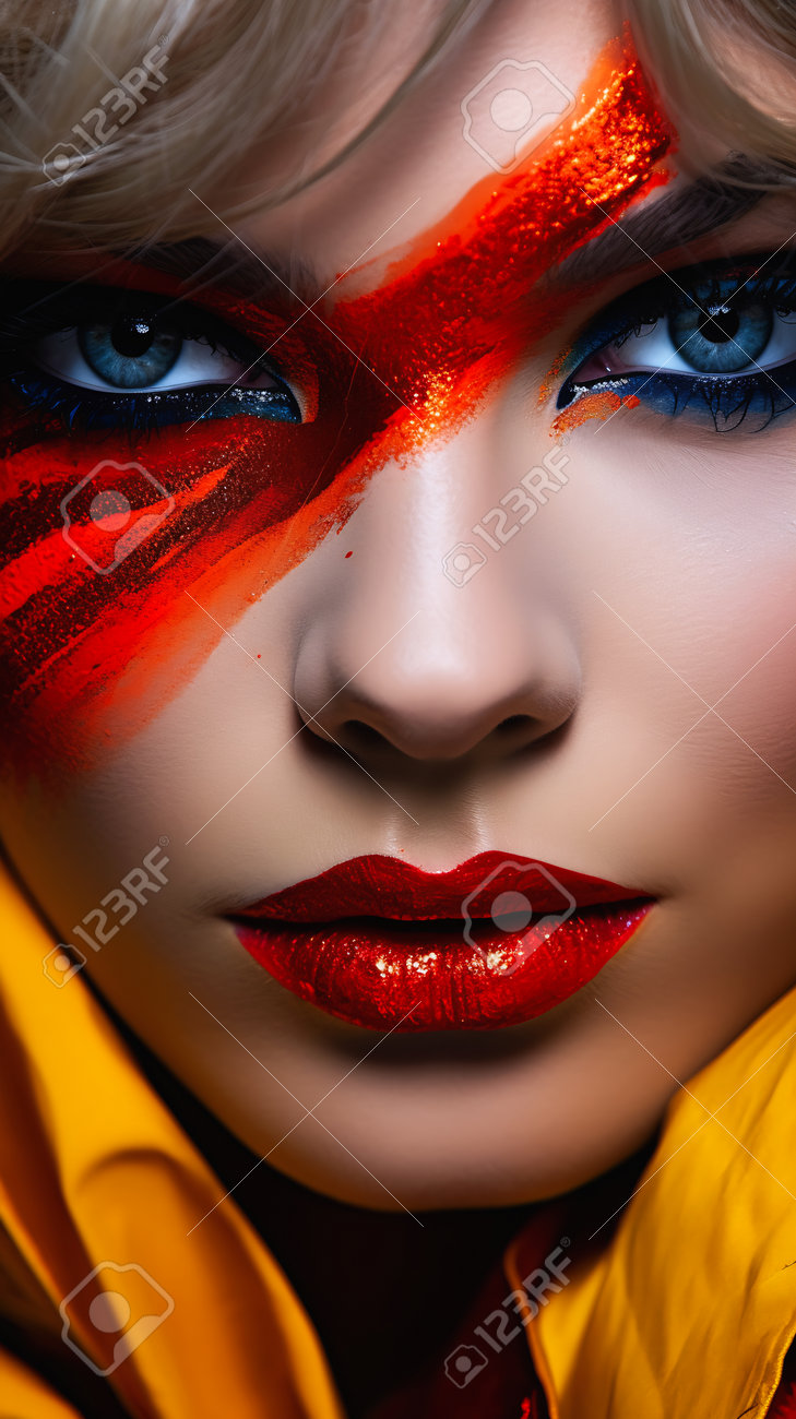 接写 女性 赤 オレンジ フェイスペイント ゴージャス 完璧な