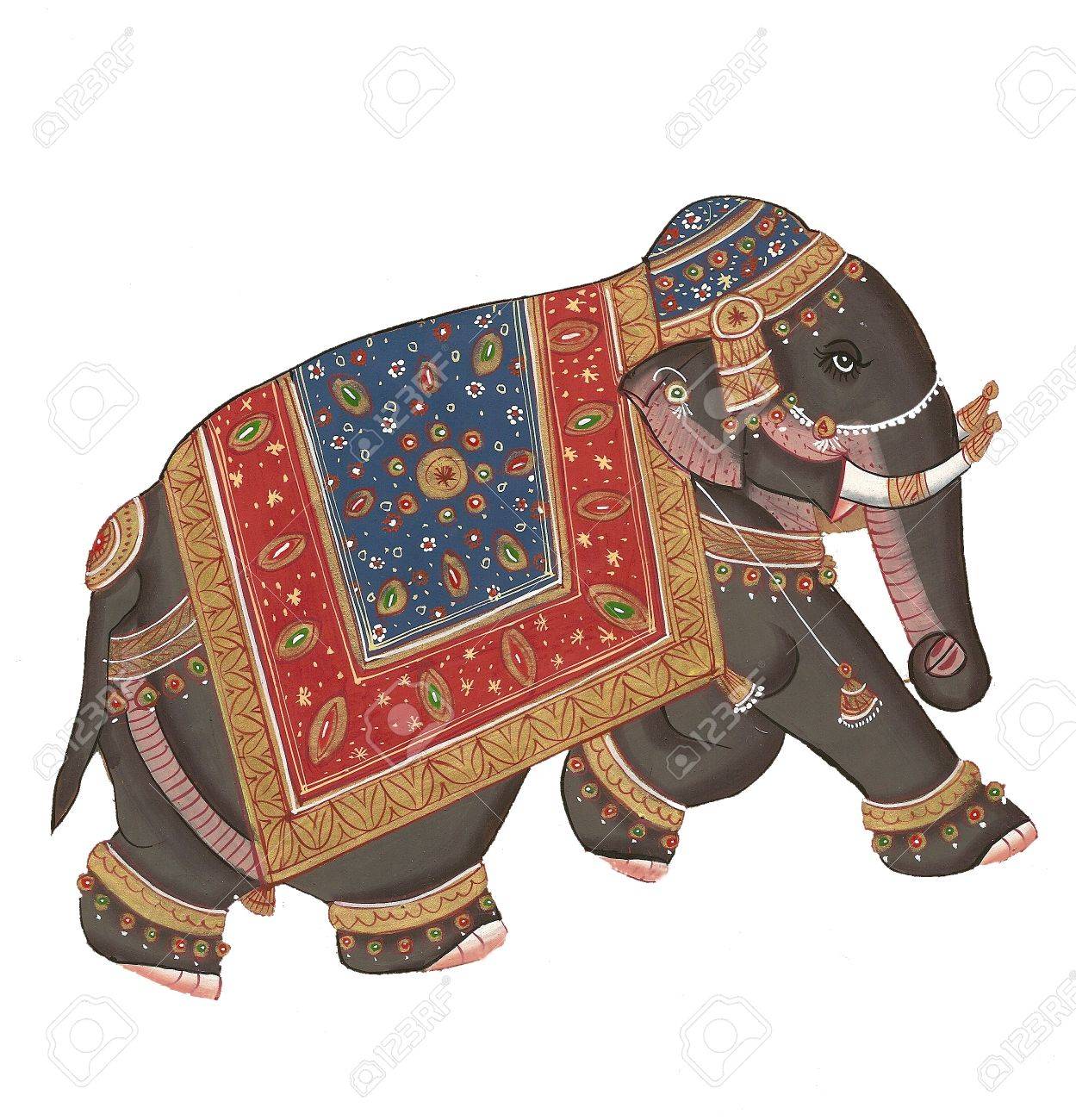 Caparisoned elephants on parade.Indian miniature painting on 19th century paper. Udaipur, India - 9747631 Caparisoned elephants on parade.Indian miniature painting on 19th century paper. Udaipur, India - 9747631