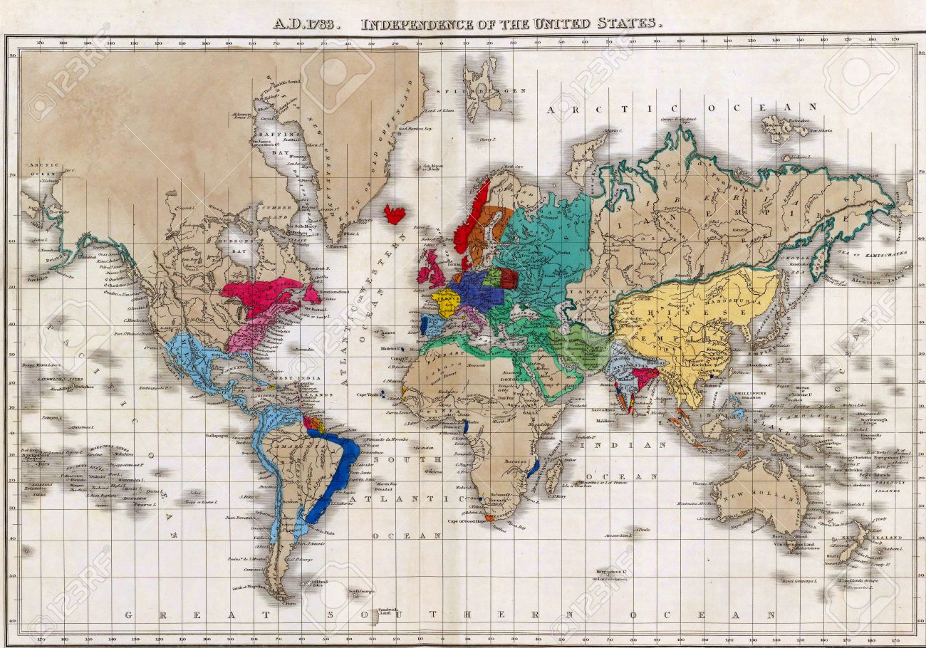 Map of the World at Independence of the United States in 1783 from an antique atlas