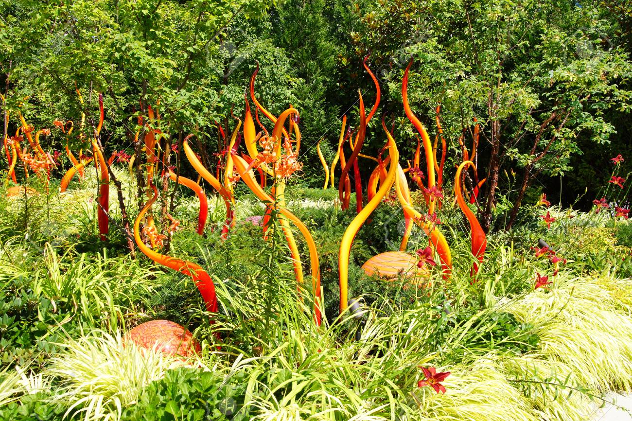 seattle jul 23 2015 orange blown glass tubes swirl in the chihuly garden