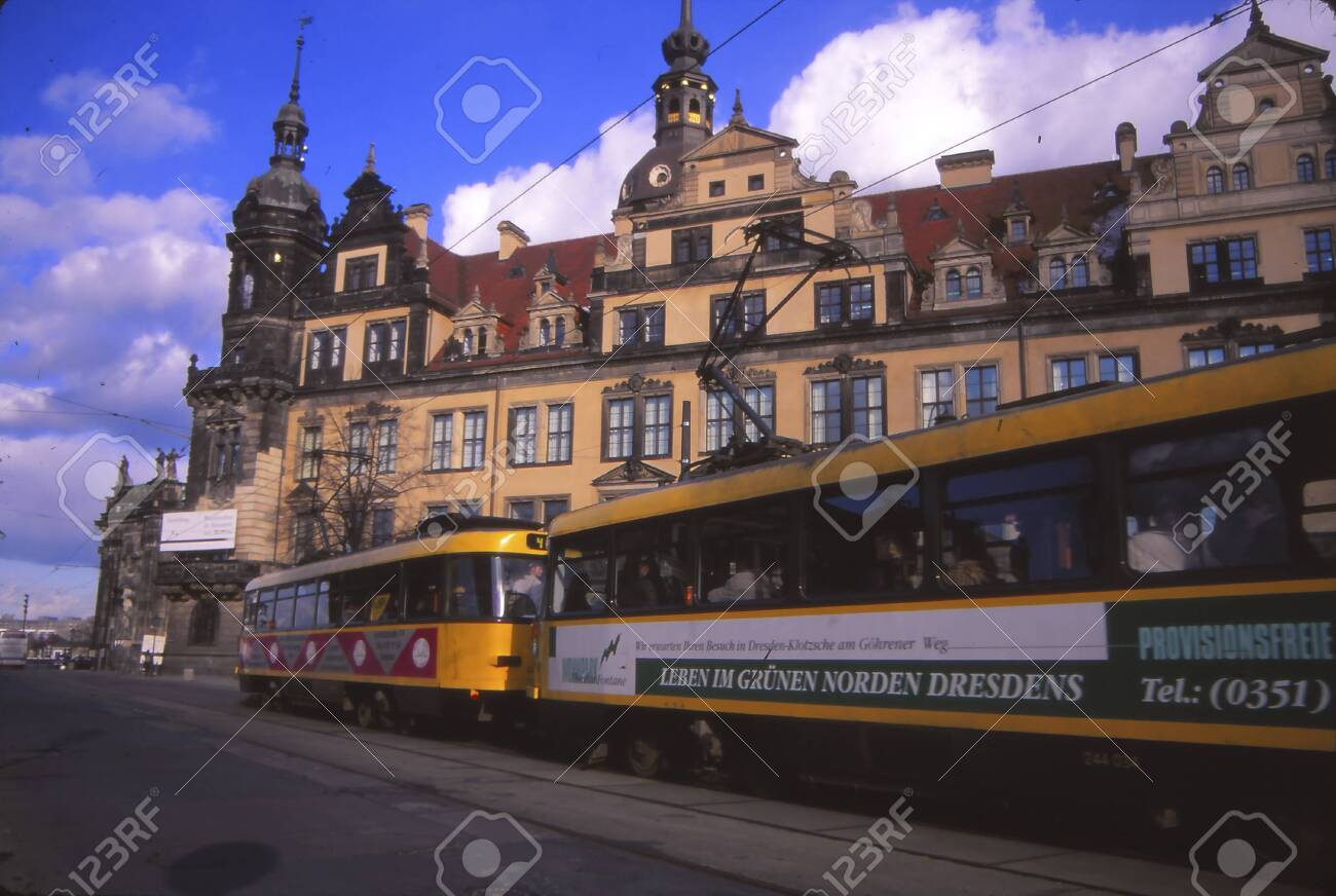 DRESDEN, GERMANY - MAR 8, 1998 -Streetcar in the re-constructed old city of Dresden, Germany - 140570894 DRESDEN, GERMANY - MAR 8, 1998 -Streetcar in the re-constructed old city of Dresden, Germany - 140570894