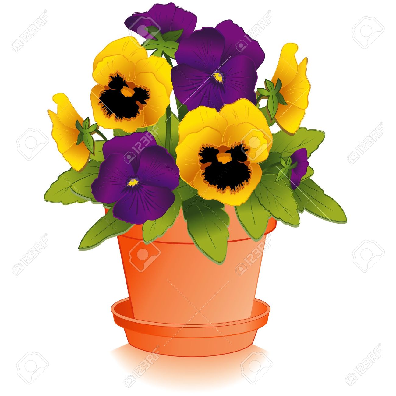 粘土の植木鉢の紫色および金パンジー花のイラスト素材 ベクタ Image
