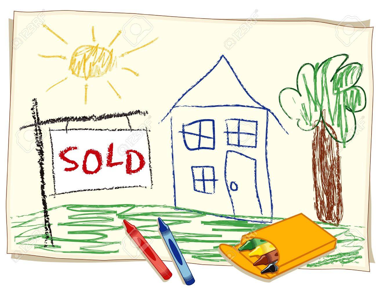 不動産の看板 子供のクレヨン画 日当たりの良い風景の中の家を販売のイラスト素材 ベクタ Image 不動産の看板 子供のクレヨン画 日当たりの良い風景の中の家を販売のイラスト素材 ベクタ Image