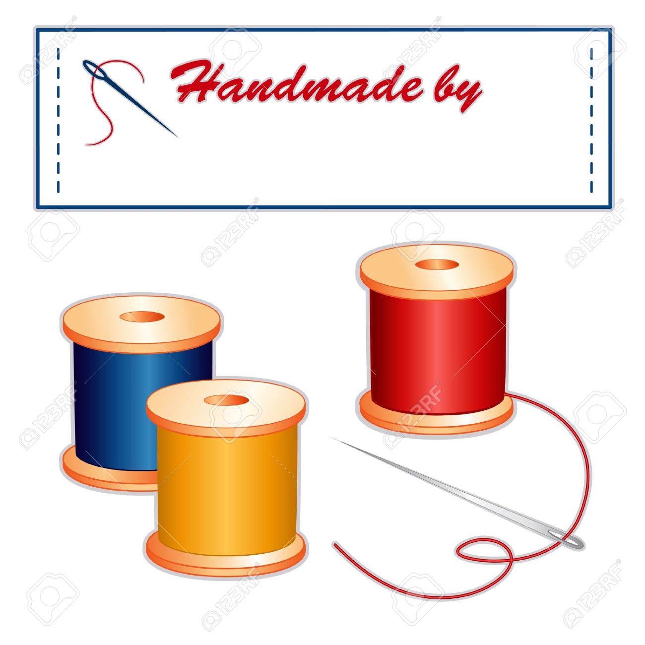 Needle, threads, sewing label, Handmade by with copy space to add your name, isolated on white - 14407793 Needle, threads, sewing label, Handmade by with copy space to add your name, isolated on white - 14407793