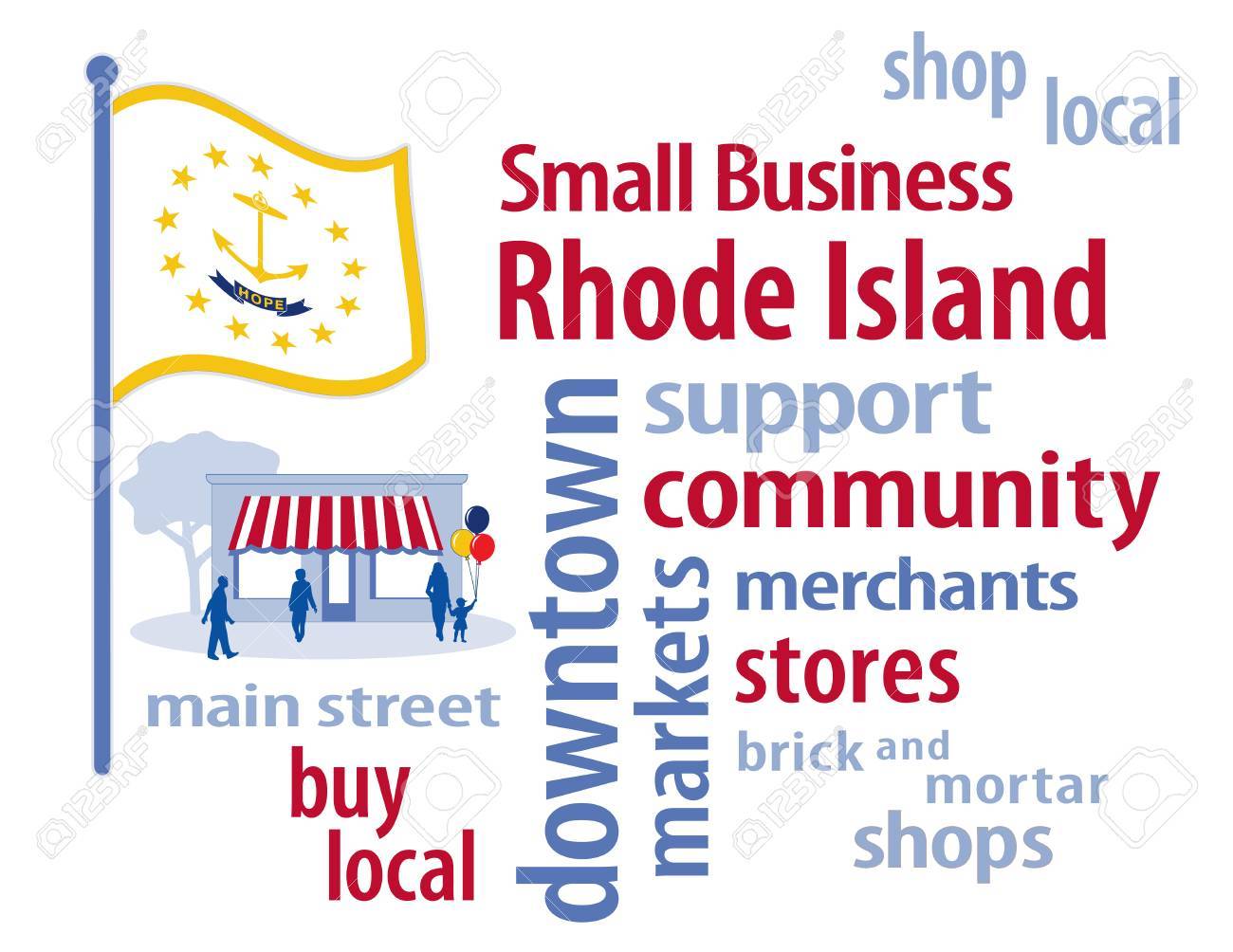 ロードアイランドの旗スモール ビジネス単語雲ショッピング地域とコミュニティ ビジネスのメイン ストリート 白 青および金ロードアイランド アメリカ合衆国の海洋の状態フラグの買い物客を奨励する図 のイラスト素材 ベクタ Image