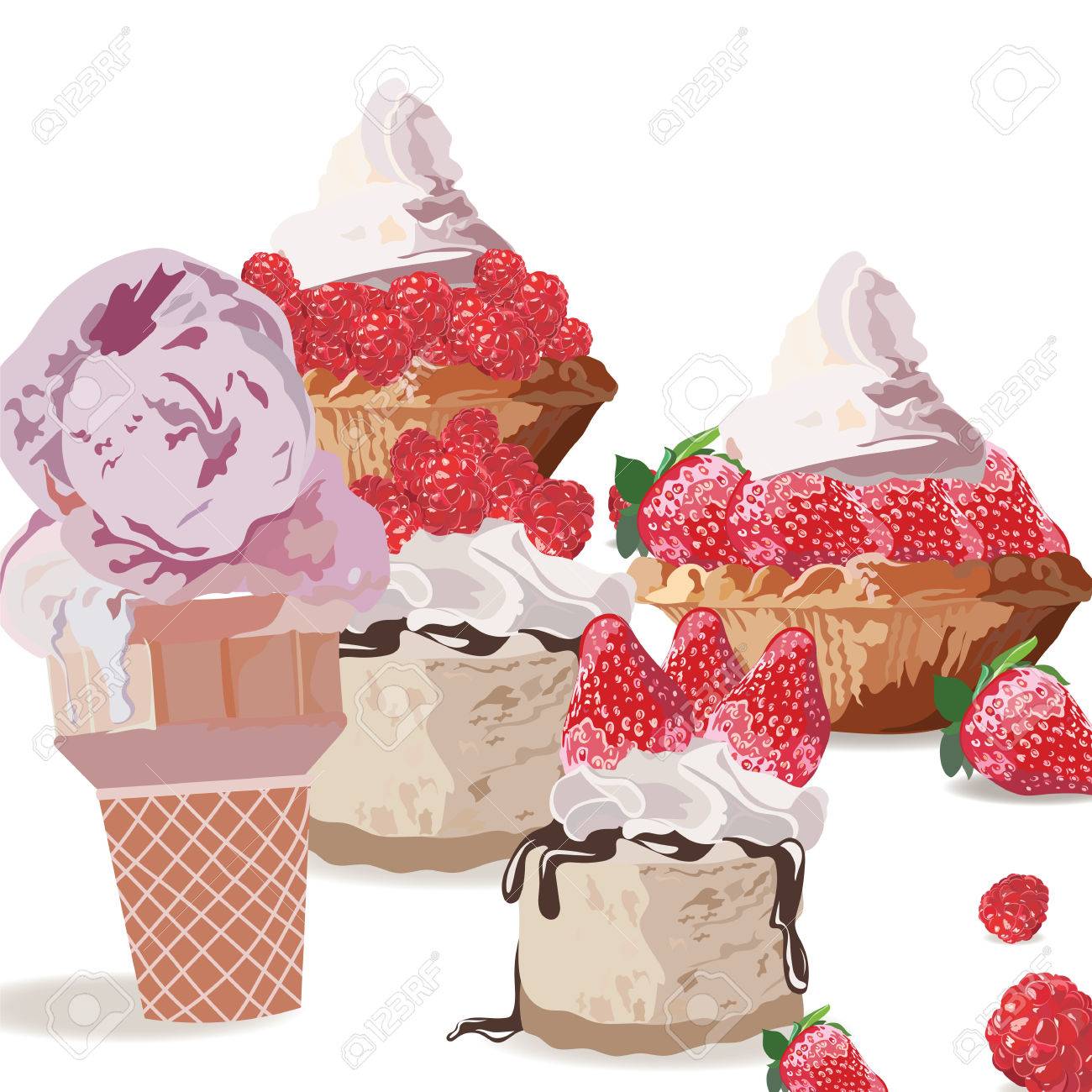 甘いは おいしいアイスクリームやケーキを扱います ベクトル リアルなイチゴやラズベリーのフルーツ ケーキのイラスト のイラスト素材 ベクタ Image
