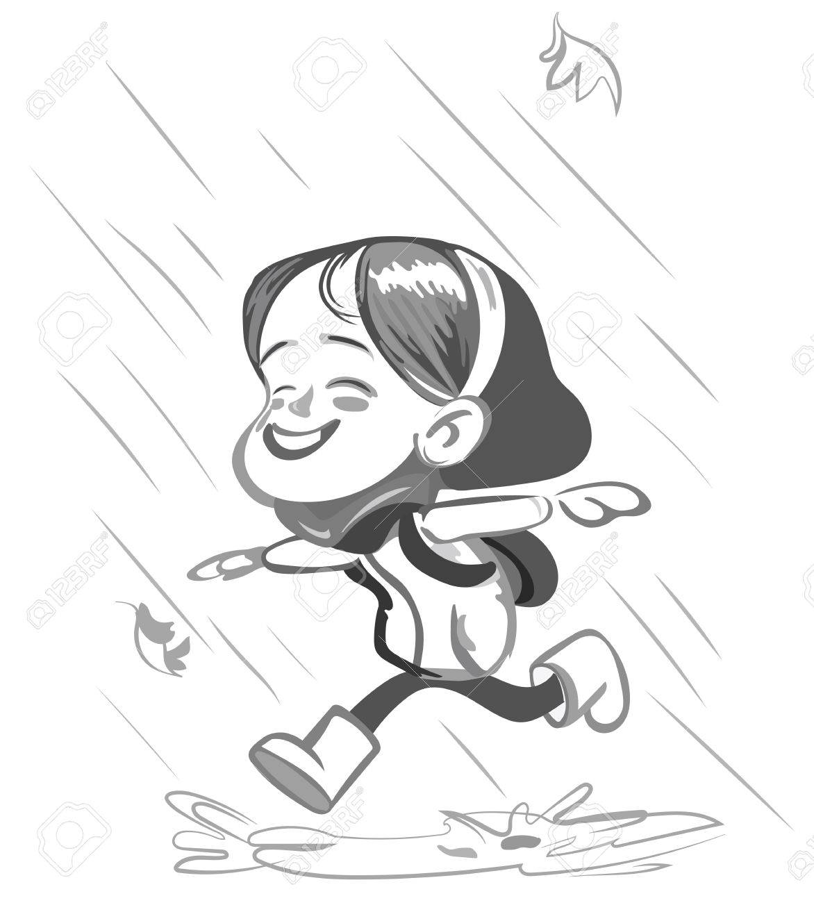 雨黒と白のベクトル図で実行されているほとんどの幸せな女の子 雨のしずくで面白い漫画のキャラクター 秋秋シーズン幼児女の子 のイラスト素材 ベクタ Image