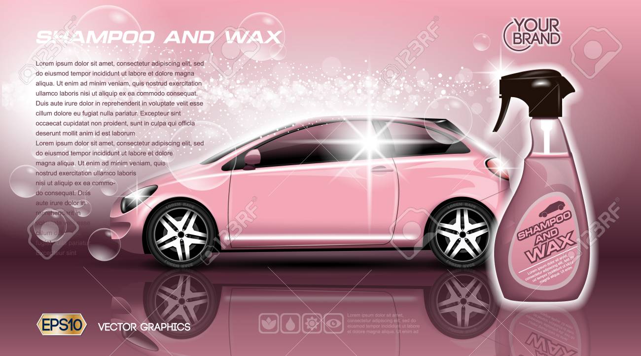 高品質車のシャンプーとワックス スプレー Packadge 広告を模擬 洗車石鹸のボトル 3 D ベクトルの現実的な車両のテンプレートです ピンク色のイラスト素材 ベクタ Image