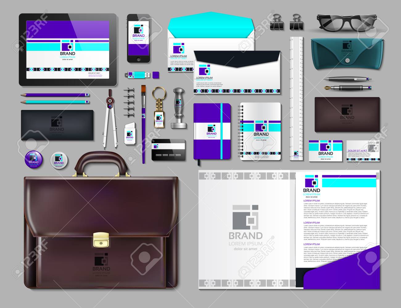 Business corporate identity items set. Vector working articles portofolio, glasses, phone, tablet, maps with brand logos. Work Stuff Stationery 3d realistic collection - 81307905 Business corporate identity items set. Vector working articles portofolio, glasses, phone, tablet, maps with brand logos. Work Stuff Stationery 3d realistic collection - 81307905