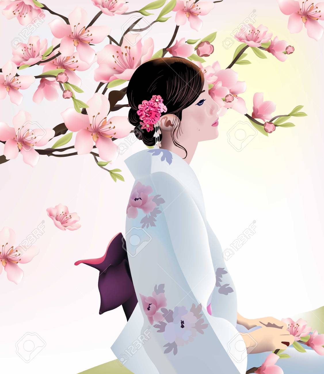 桜の花のデザインと日本の女の子のイラスト素材 ベクタ Image 6285