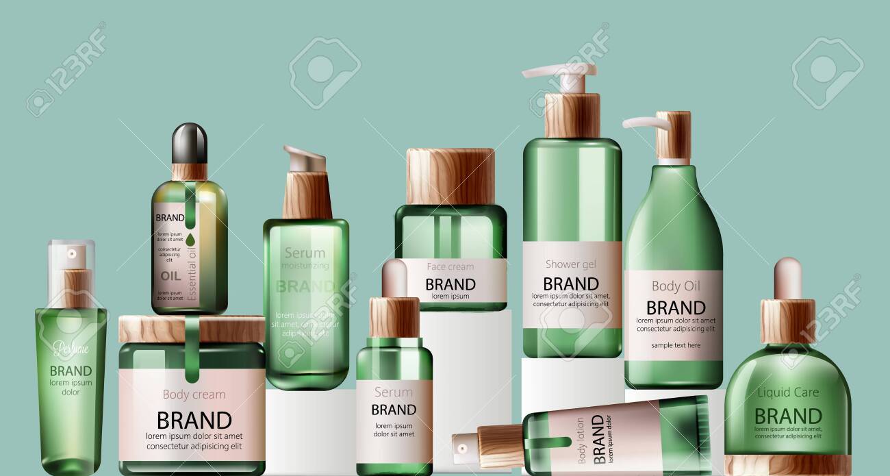 Set of various body care and spa green bottles with wood decoration. - 143039548 Set of various body care and spa green bottles with wood decoration. - 143039548