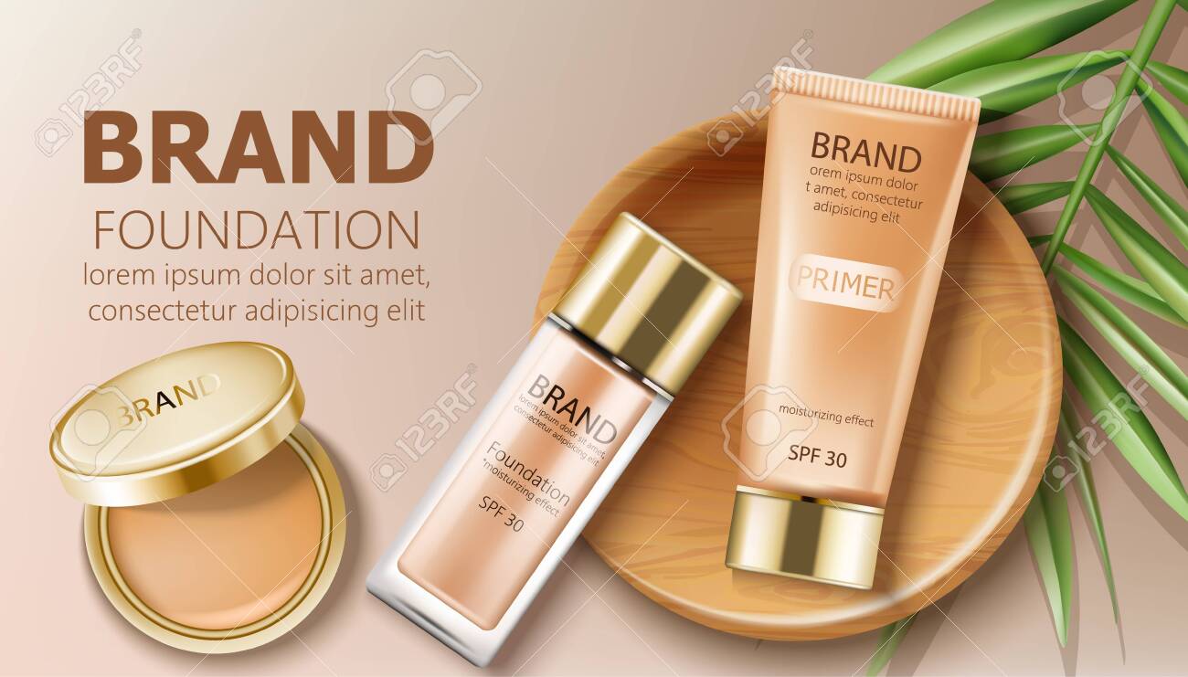 Download Foundation And Primer Bottles In Beige Color Green Leaves And Royalty Free Cliparts Vectors And Stock Illustration Image 153210229