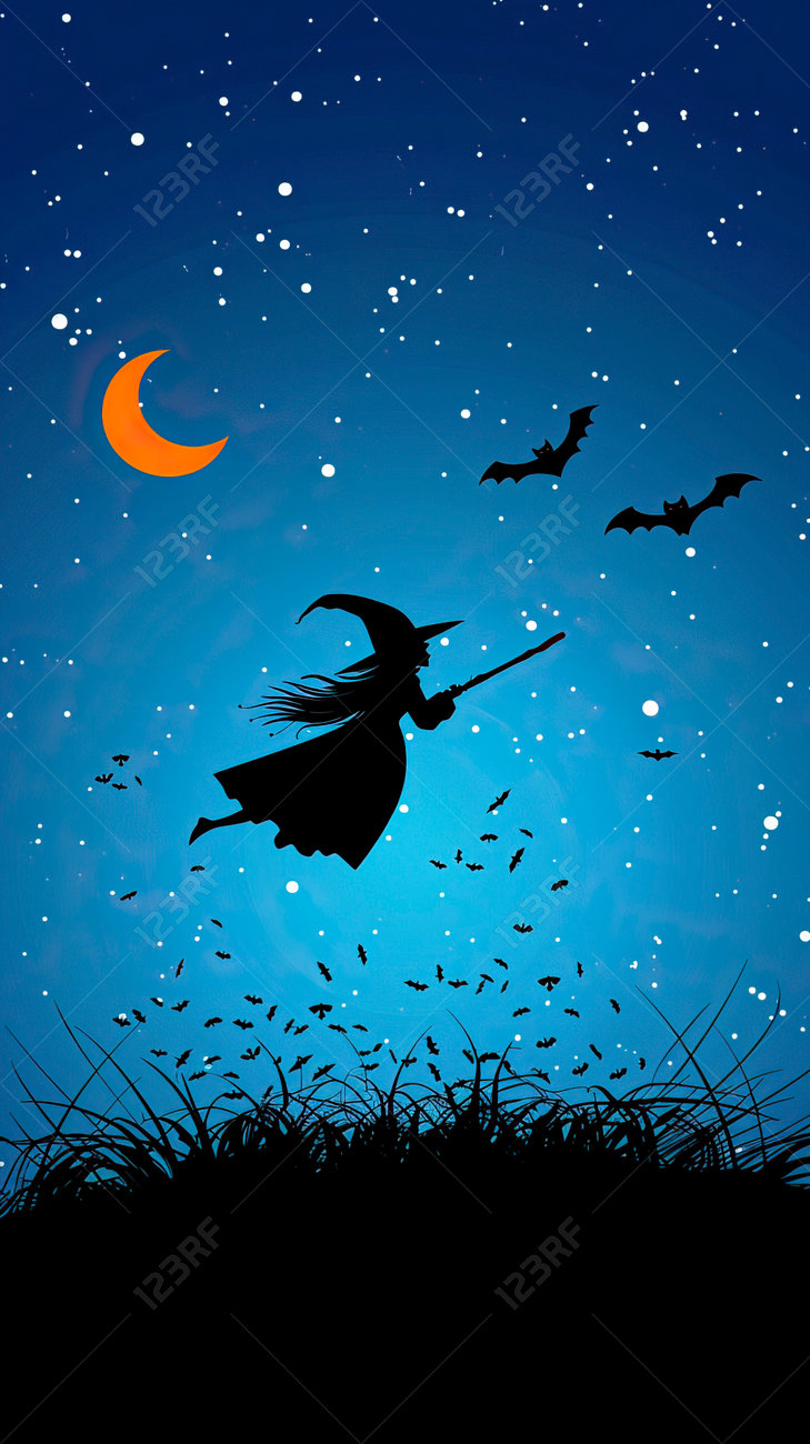 Halloween Background With Witch Flying On Broomstick In The Night Sky  Royalty Free SVG, Cliparts, Vectors, and Stock Illustration. Image  236750549., image size:729x1300