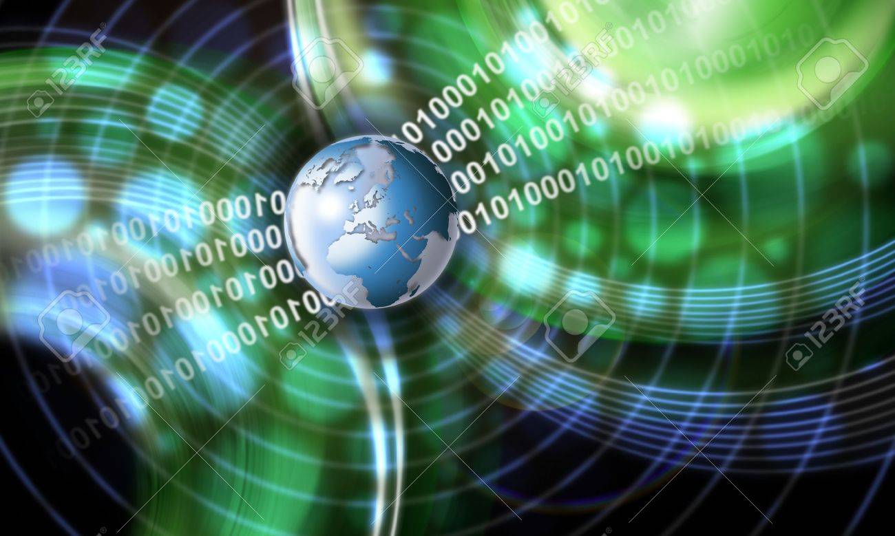Green and blue technology background with globe, shades and binary code - 10521175 Green and blue technology background with globe, shades and binary code - 10521175