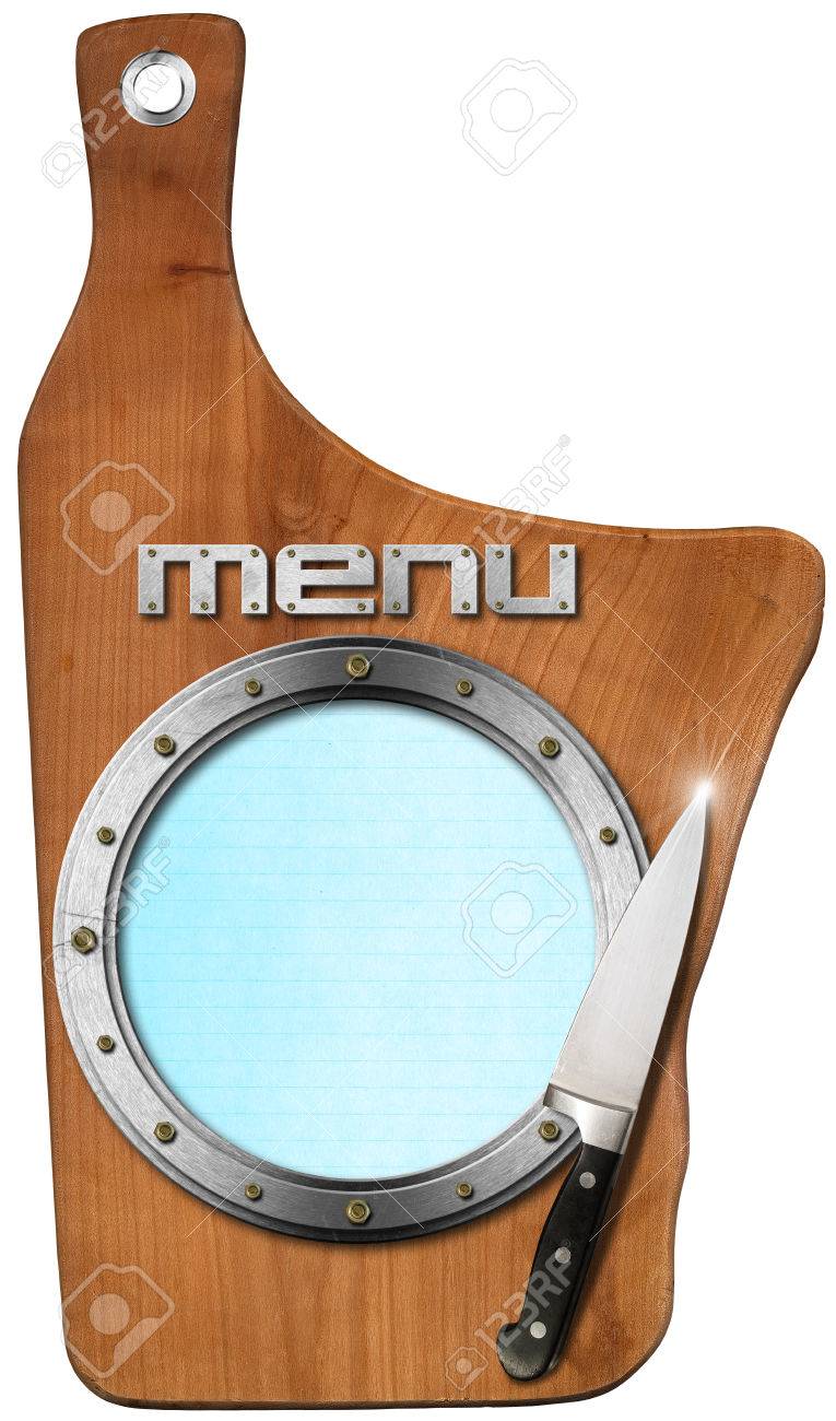 Tagliere Di Legno, Oblò In Metallo Vuota E Coltello Da Cucina ... Tagliere Di Legno, Oblò In Metallo Vuota E Coltello Da Cucina ...