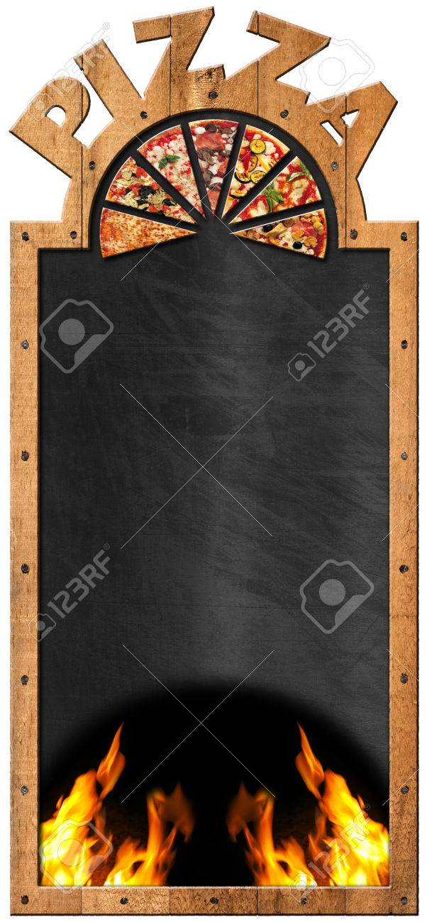 empty blackboard with wooden frame and text pizza flames and