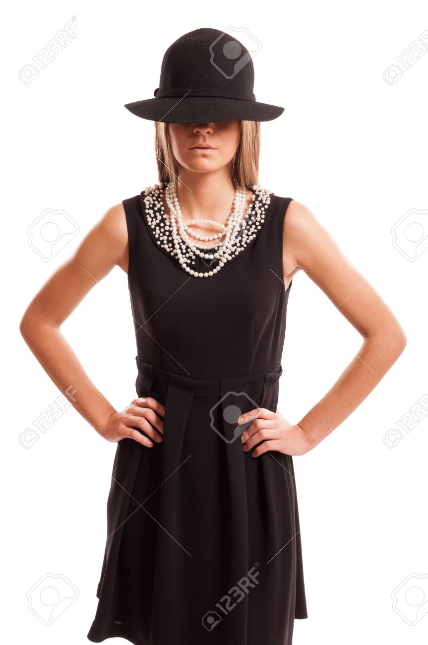 black dress with white pearls