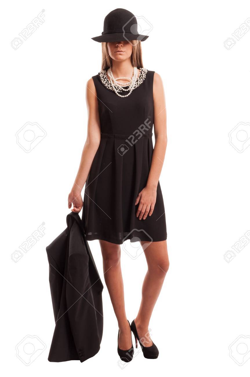 black dress with white pearls