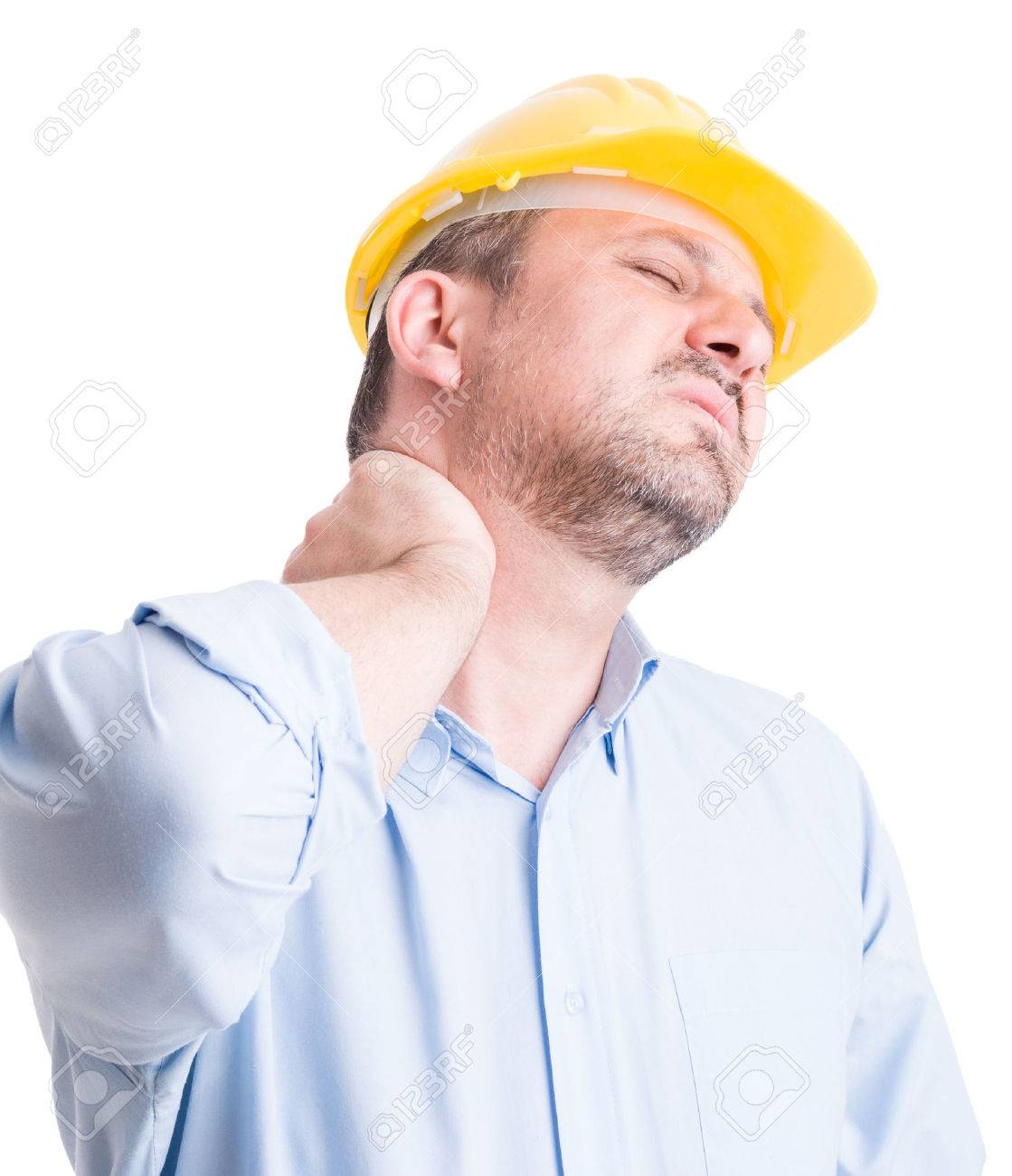 Back neck pain gesture by tired and exhausted architect or engineer - 40186977 Back neck pain gesture by tired and exhausted architect or engineer - 40186977