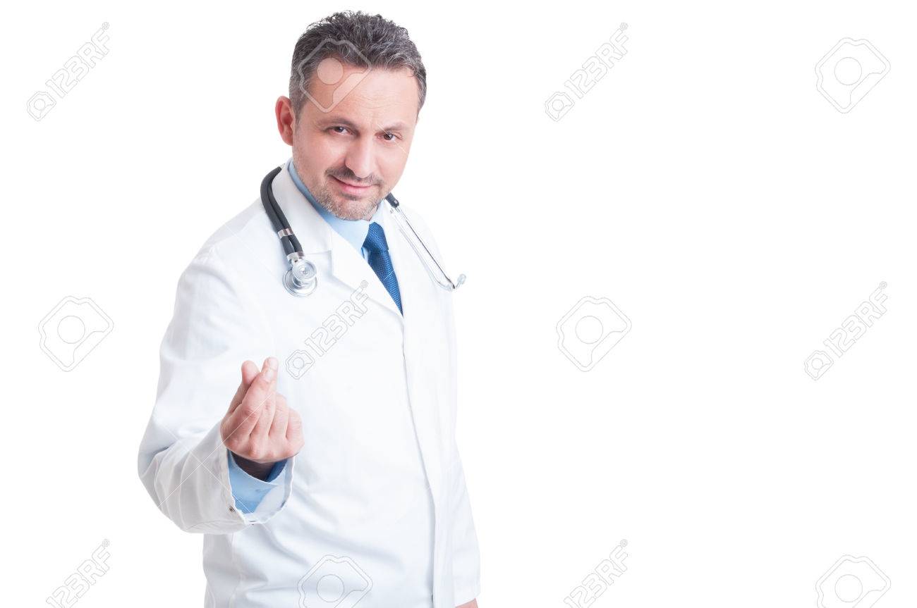 Doctor or medic asking for money and bribe with gesture smiling isolated on white background - 47531948 Doctor or medic asking for money and bribe with gesture smiling isolated on white background - 47531948