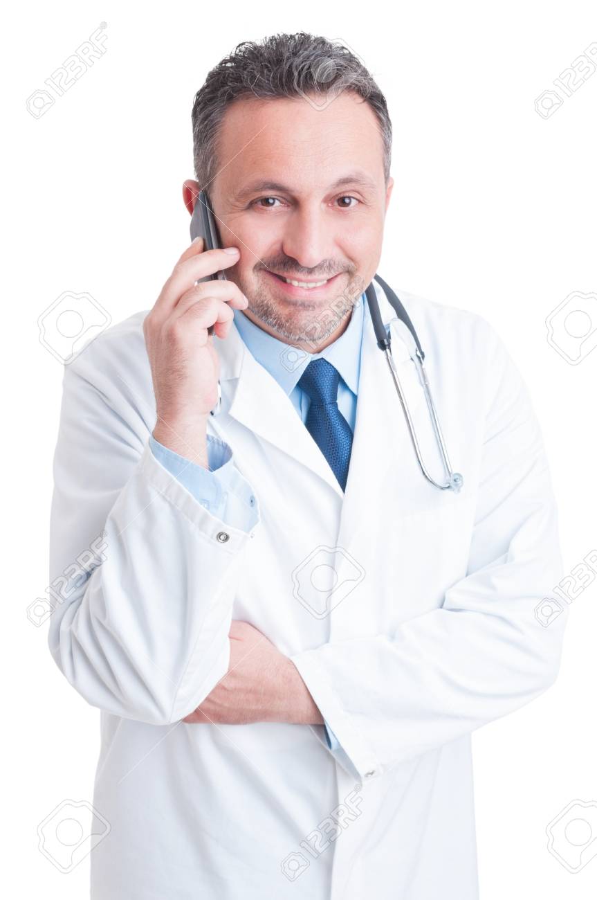 Freundlich Sanitater Oder Arzt Am Telefon Als Krankenhaus Medizinische Unterstutzung Im Gesprach Lizenzfreie Fotos Bilder Und Stock Fotografie Image 47532046