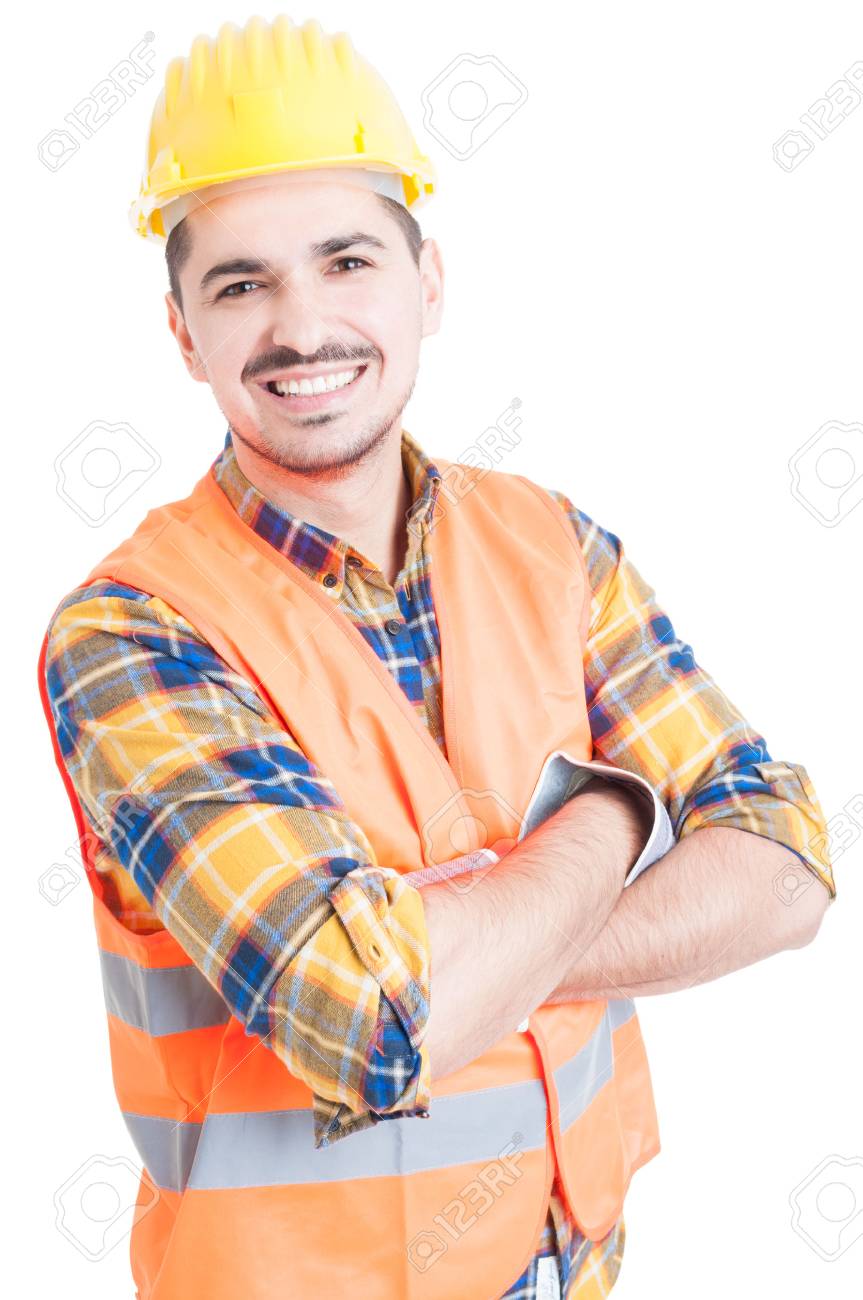 Smiling handsome constructor with folded arms looking cheerful and happy on white backgound - 54584007 Smiling handsome constructor with folded arms looking cheerful and happy on white backgound - 54584007