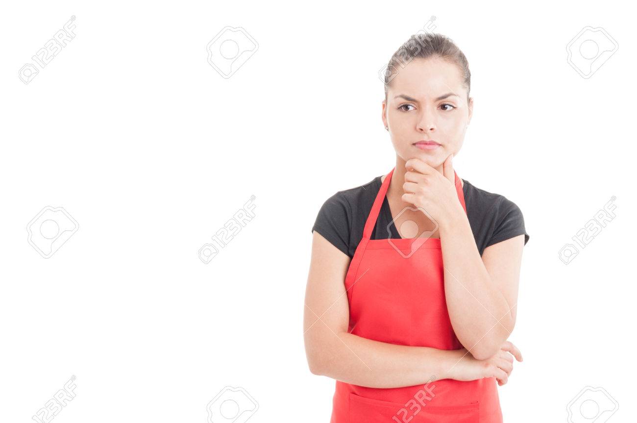 Portrait of supermarket female employee thinking at something isolated on white with copy space - 60120359 Portrait of supermarket female employee thinking at something isolated on white with copy space - 60120359