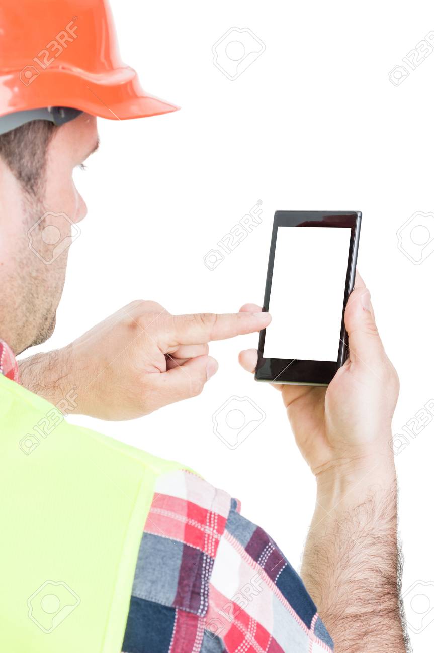 Closeup of builder working on cellphone with empty screen isolated on white background with text area - 60386630 Closeup of builder working on cellphone with empty screen isolated on white background with text area - 60386630