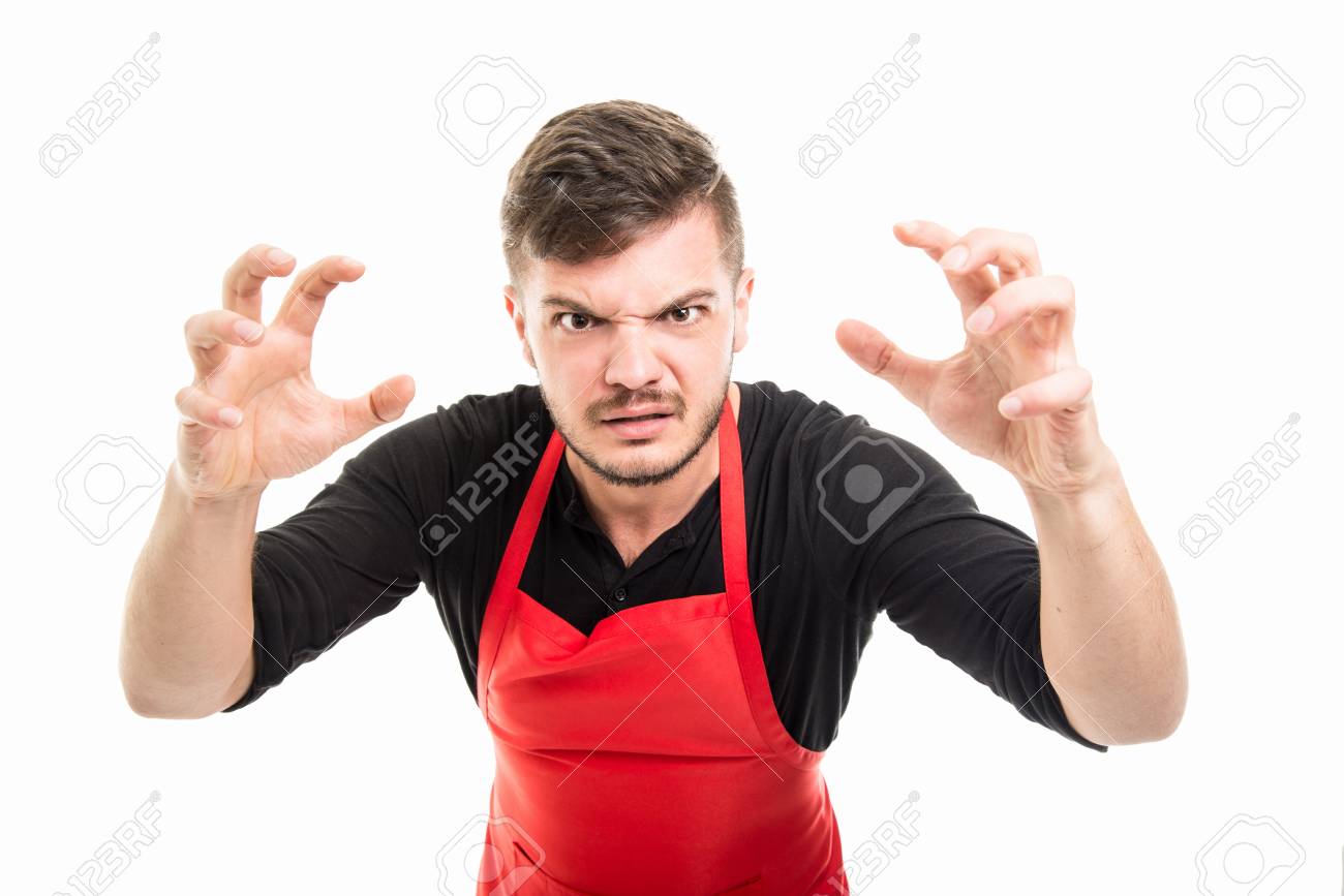 Male Supermarket Employer Holding Hands Like Scaring Someone Isolated On  White Background Stock Photo, Picture and Royalty Free Image. Image  88787916.
