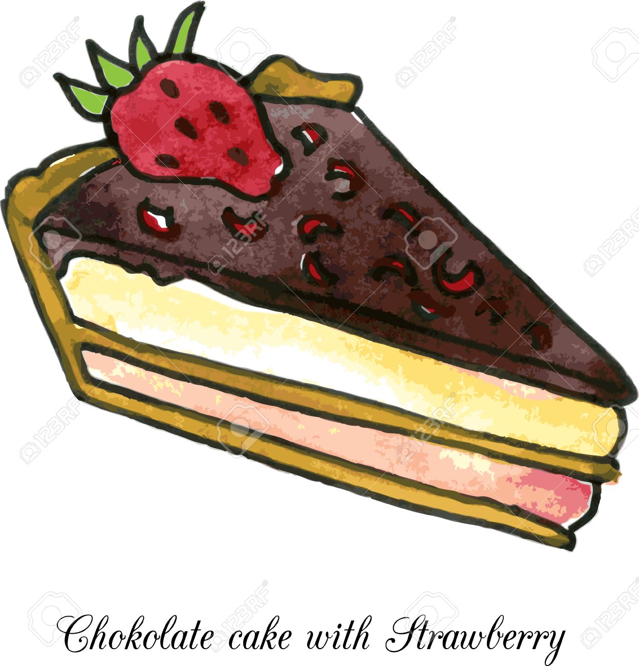 Morceaux De Gateau Au Chocolat Avec Le Dessin De La Fraise Par L Aquarelle Illustration Vectorielle Clip Art Libres De Droits Vecteurs Et Illustration Image