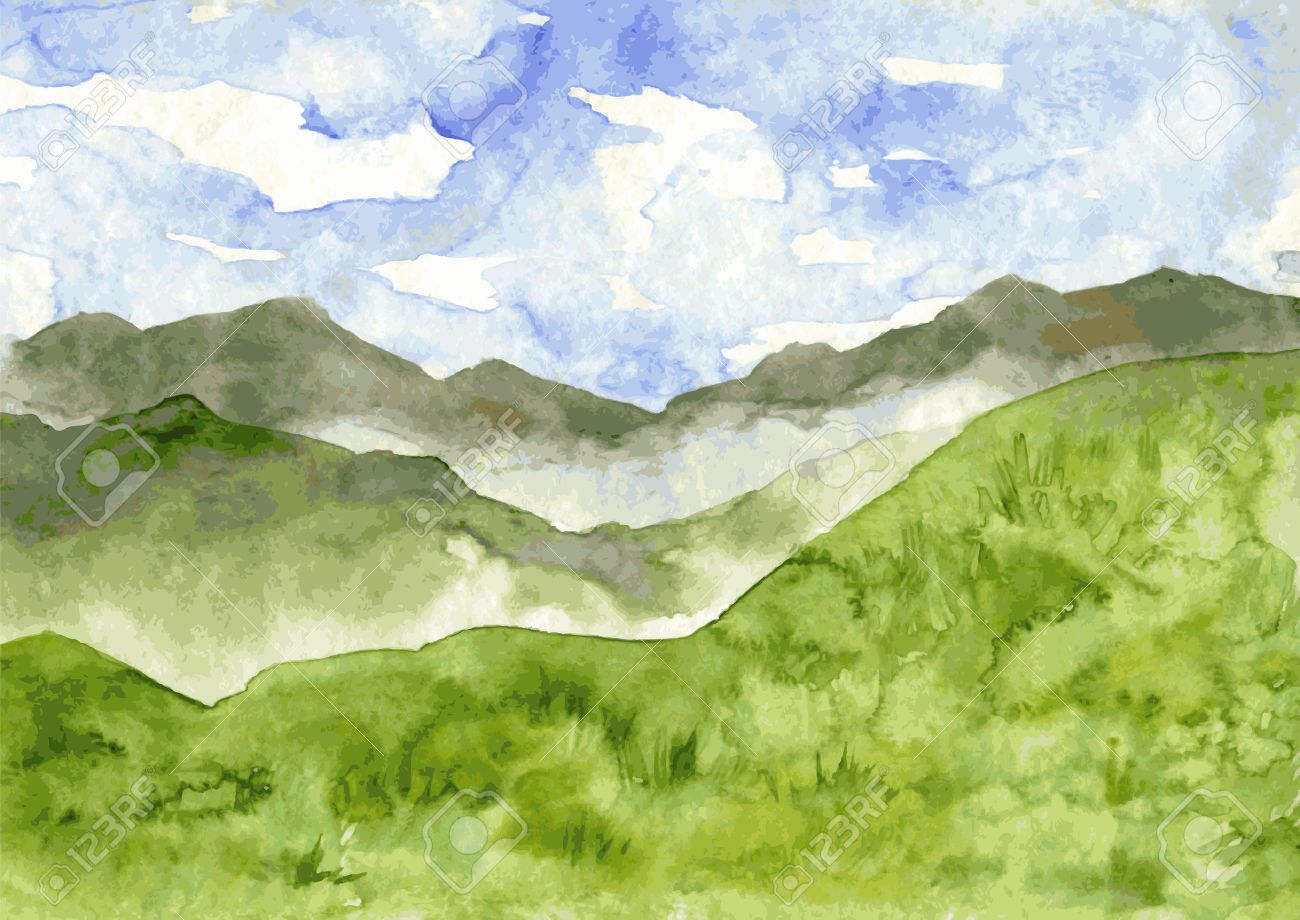 ベクトル水彩山霧と緑の丘の風景を抽象化 描画ベクトル イラスト